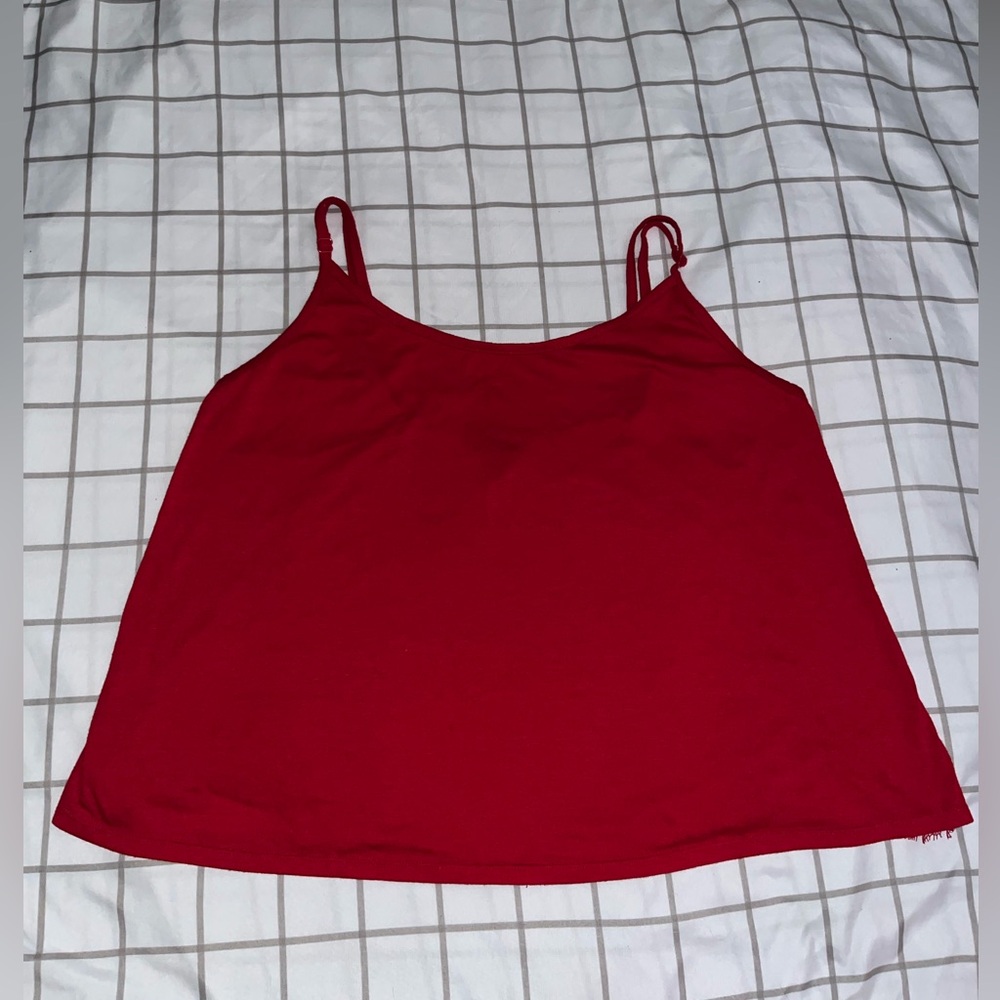 Red Adore Me sleep top with lace back.